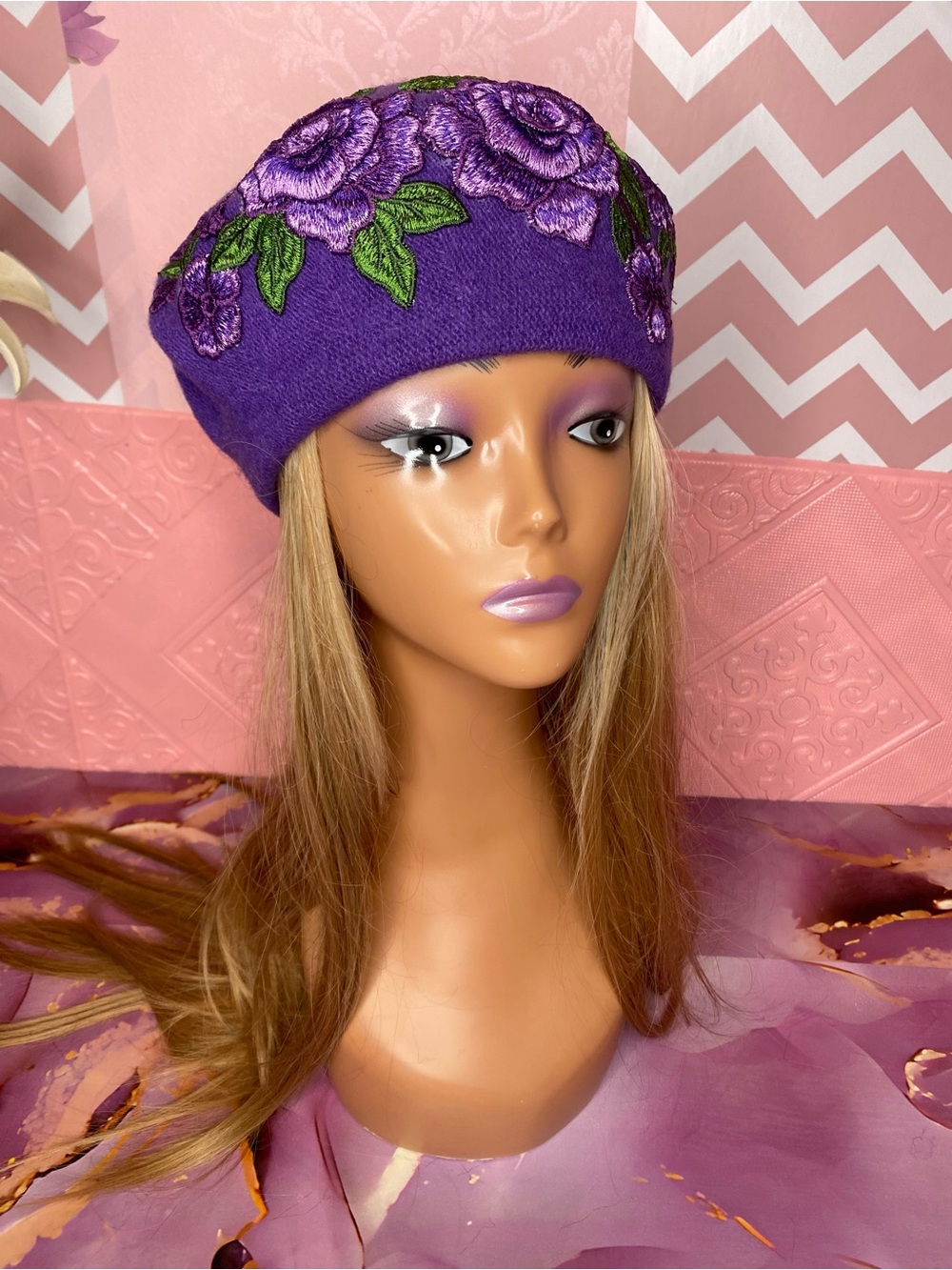 ๐๐ท Purple Floral Embroidered Wool Feel Beret ๐ท๐ NWT - Picture 2 of 10